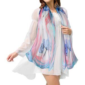 Women's Blue Pink Fashion Lightweight Head Scarf Floral Print Chiffon Scarves